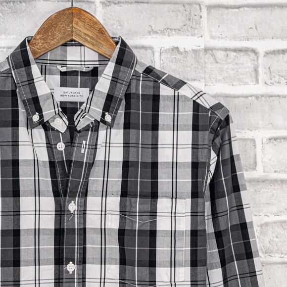 SATURDAYS NYC Men's Long Sleeve Button Down Shirt Gray Plaid Size M - Picture 3 of 6